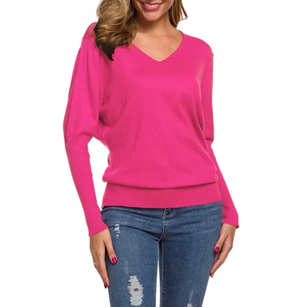NEW Fuchia Pink Cashmere Blend V-Neck Long Sleeve Pullover